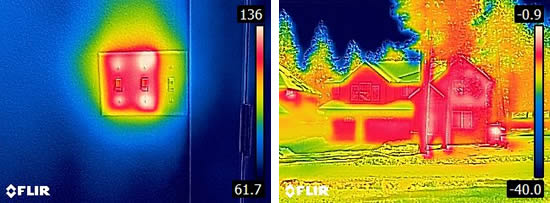 FLIR C2 images showing a hot overloaded dimmer switch, and a warm house in cold weather